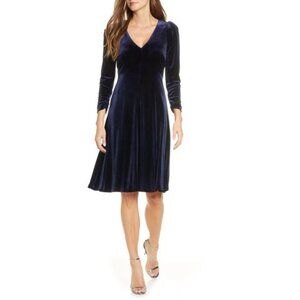NEW Eliza J Navy Blue Velvet Long Sleeve V-Neck Fit and Flare Midi Dress Size 6
